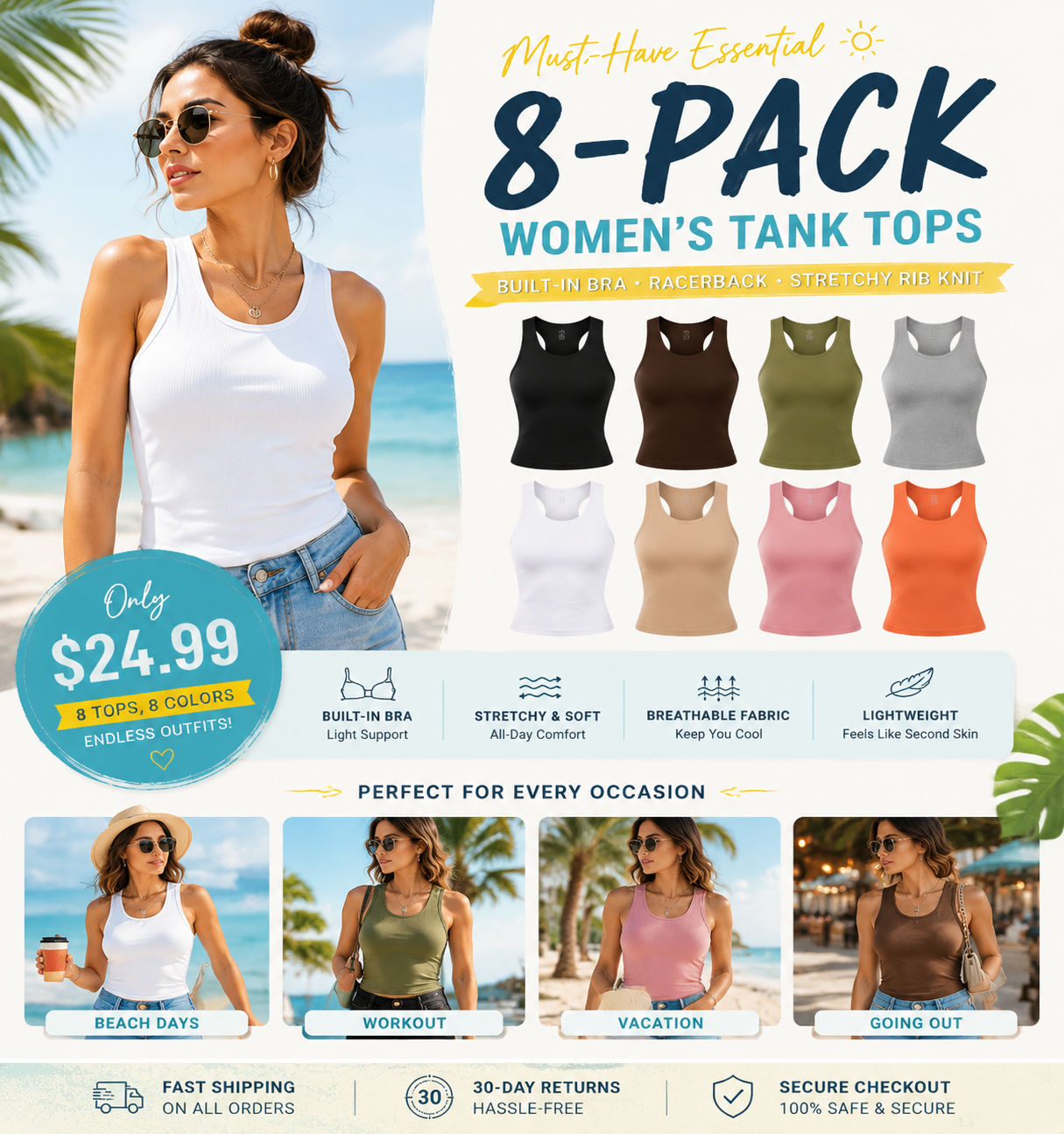 This Week's Special Price🍃Round Neck Built-in Bra Ribbed Tank Top Fit Casual Comfortable💥